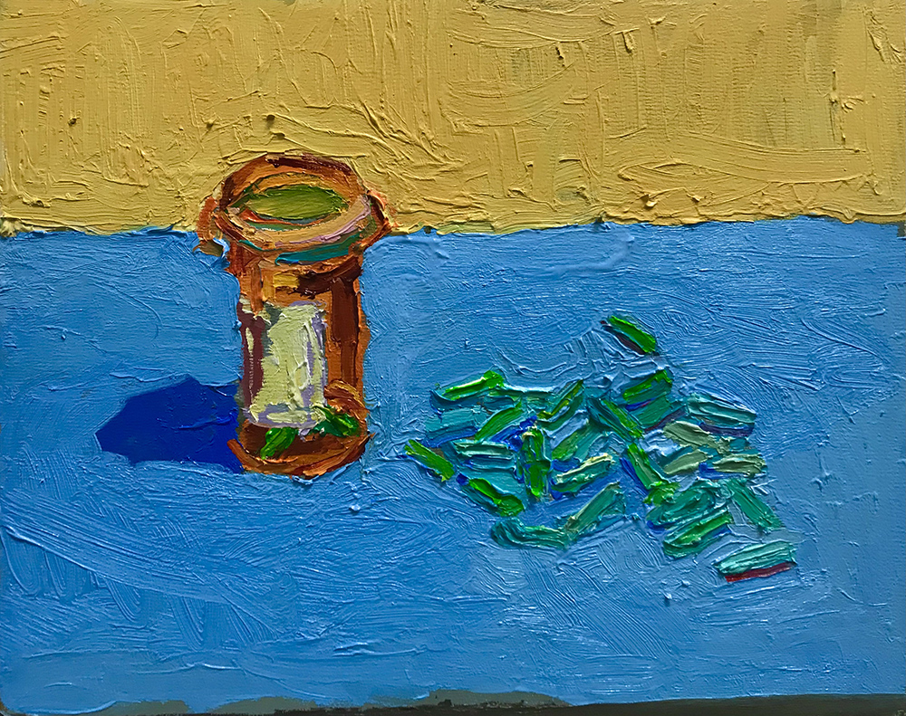 <b>Green Pill (2021)</b><br />8x10"<br />Oil on wood